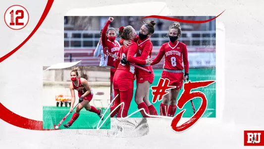 Terrier 12 graphic featuring action photo of Kathryn Scheerer playing field hockey and a photo of the field hockey team celebrating