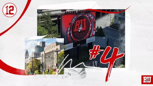 Terrier Twelve #4 goes to the Giving Day and Terriers Together Campaign. Graphic shows off the Nickerson Field videoboard and a part of the BU campus.