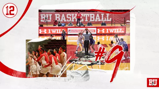 Terrier 12 graphic with scenes of the women's basketball team on the court