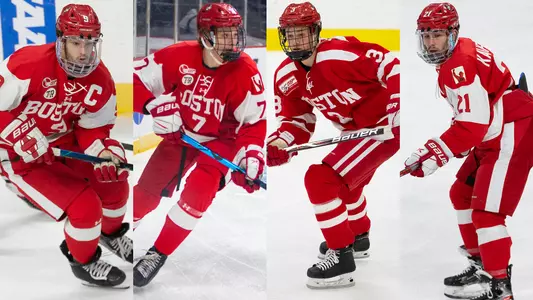 Graphic featuring action photos of, from left to right, Logan Cockerill, Alex Vlasic, Ty Amonte, Max Kaufman