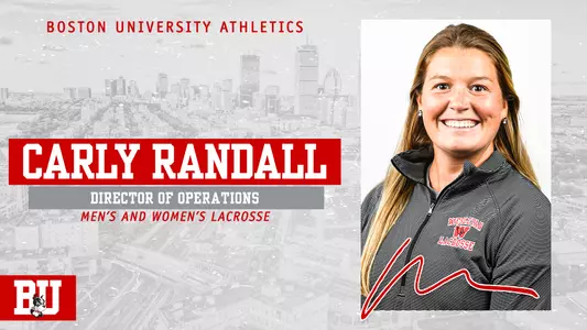 Graphic featuring head shot of Carly Randall that introduces her as director of operations for men's and women's lacrosse