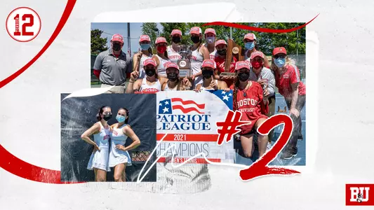 The Boston University women's tennis team earned the No. 2 spot in the annual Terrier 12 rankings. They are pictured with the Patriot League championship banner. Doubles partners Kaitlin Tan and Shelly Yaloz are also pictured in another photo together after winning a match at NCAA Regionals.