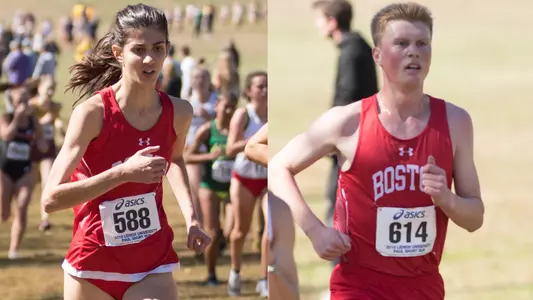 Graphic featuring action photo of Corinne Batsu on the left and Foster Malleck on the right