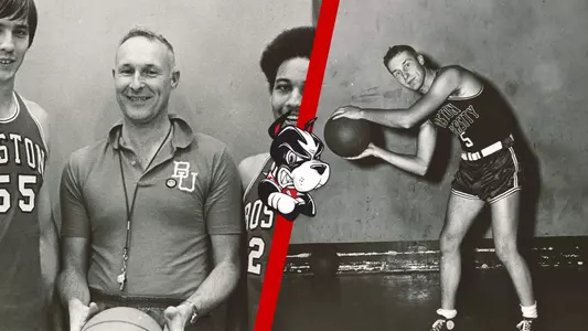 Charles Luce holds the ball as head coach on the left side of graphic in-between the two captains. On the right side as a student-athlete he poses for a photo standing up holding a ball.