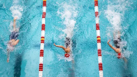 Overhead shot of three swimmers closing in on the wall in a freestyle race.