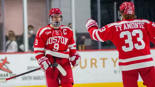 Logan Cockerill celebrates his goal at UMass