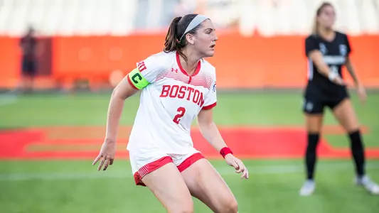 Photo of women's soccer senior Ashley Buck awaiting a pass against Providence.