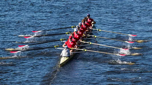 Photo of the men's rowing Club 8 B boat at the 2022 Head of the Charles.