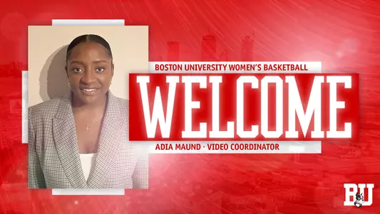 Graphic highlighting the hiring of Adia Maund as the women's basketball video coordinator.