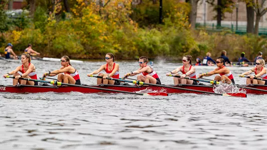 Photo of the women's lightweight eights at the Head of the Charles.