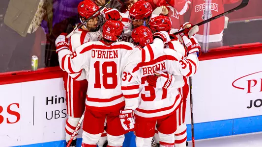 The men's ice hockey team celebrates a goal
