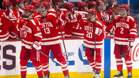 Men's ice hockey players skate by the bench while celebrating a goal
