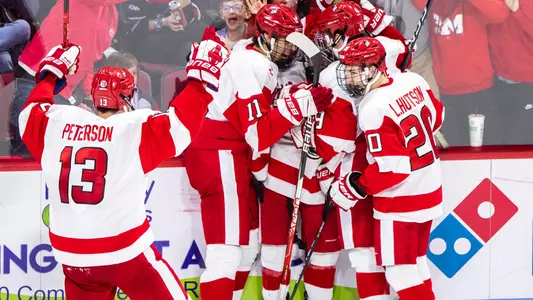 Men's ice hockey players celebrating a goal