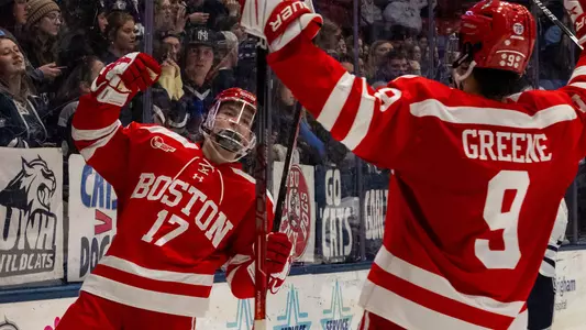 Quinn Hutson celebrates his goal at New Hampshire.