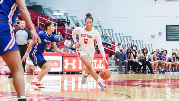 Chiara Tibbitt dribbles the ball at the free throw line against UMass Lowell.