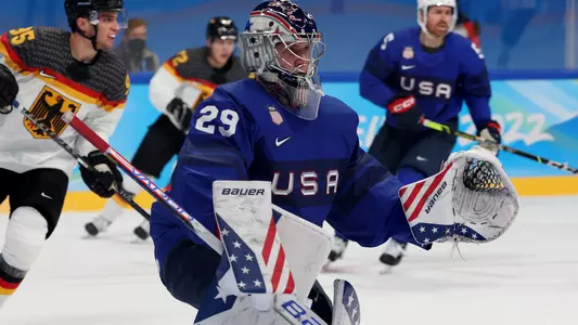 Drew Commesso playing goalie for Team USA at the Olympics