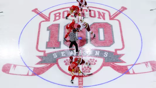 Overhead view of opening puck drop at Agganis Arena between BU and BC