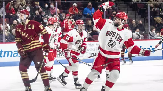 Luke Tuch celebrates a goal against BC