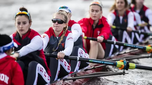 Lightweight women's rowing eight boat on the Charles River
