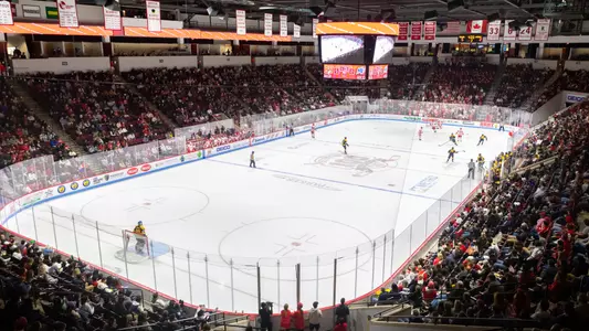Wide view of Agganis Arena during a men's ice hockey game
