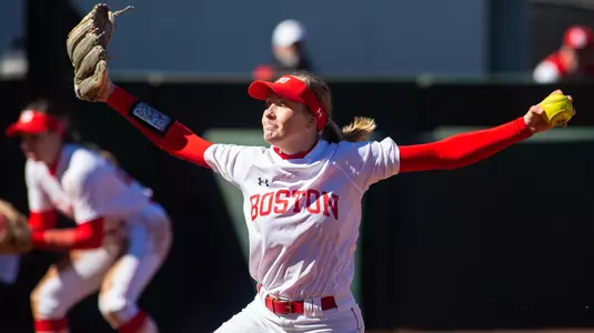 Allison Boaz is in the middle of her pitching windup to home.