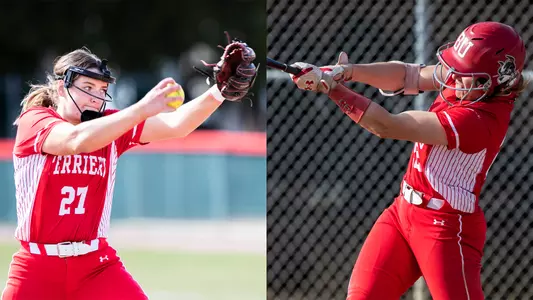 Lizzy Avery is in the middle of her pitching windup toward home plate on the left side of the combined photo, while Caitlin Coker is swinging through on a hit on the right side of the image batting left handed.