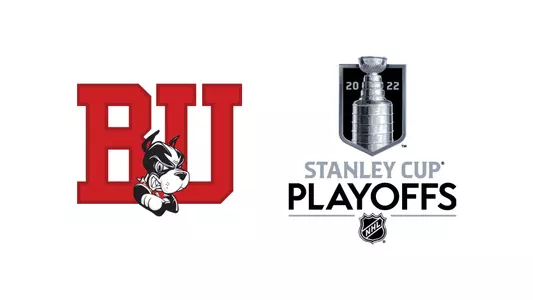BU logo is to the left of the 2022 Stanley Cup Playoffs logo