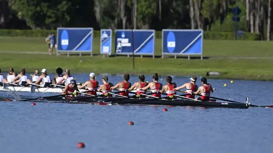 Boston University women's rowing varsity eight is well ahead of Rhode Island at the NCAA Championship.