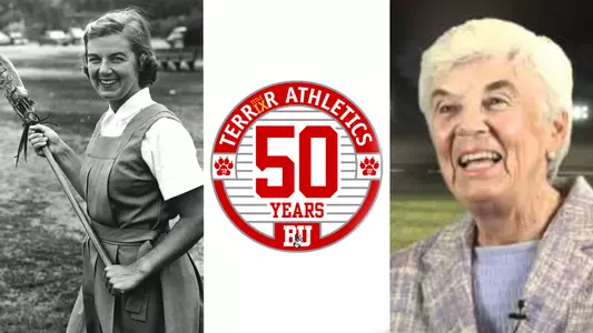 50 year anniversary of Title IX graphic shows a younger Eleanor Keady Gaffney holding a lacrosse stick on the left side back in the 1950s and and an older photo of her on the right smiling.