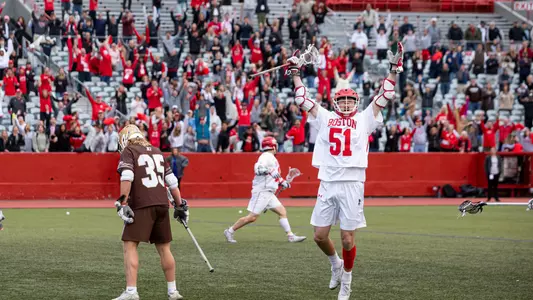 Tommy Bourque celebrates his overtime winner in the 2022 Patriot League semifinals against Lehigh