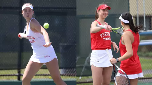 Victoria Carlsten is on the left side getting ready to hit a forehand, while Erica Di Battista and Emily Kim are on the right side about to fist bump after winning a point in doubles.