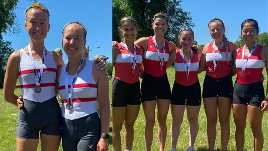 Boston University women's lightweight 2x rowers are on the left side wearing silver medals while on the right side, the V4 members are wearing bronze.