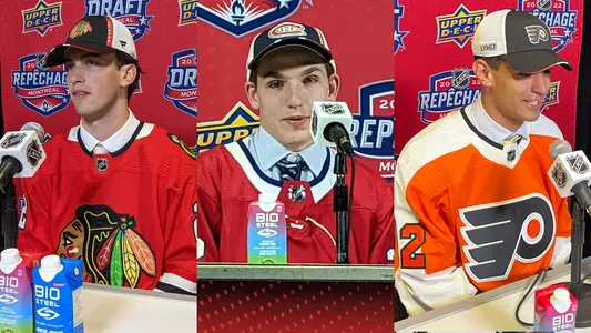 Photos of Ryan Greene, Lane Hutson and Devin Kaplan at their NHL Draft press conferences