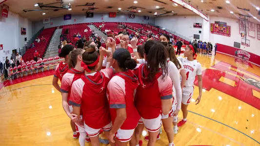 Women's Basketball Team Huddle before a game against UMass Lowell.