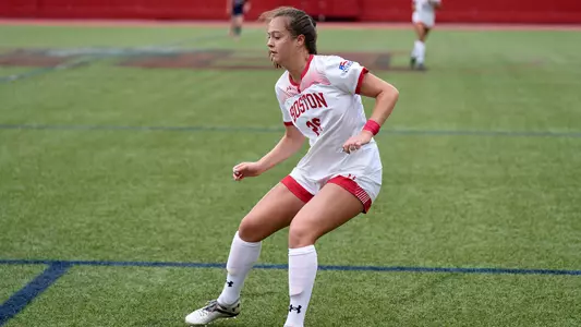 Kayla Ross waits to approach an attacking player on the back line.