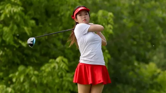 2022 NCAA WGOLF Regional (Round 2) Boston U with Christy Chen swinging through on a tee shot.