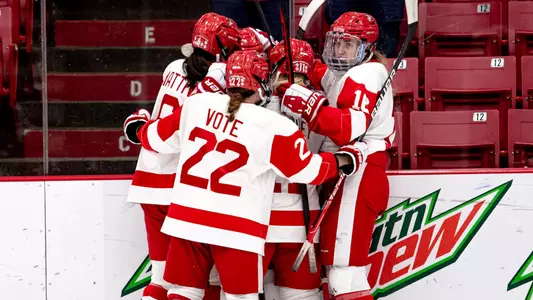 WIH team huddles for a goal celebration