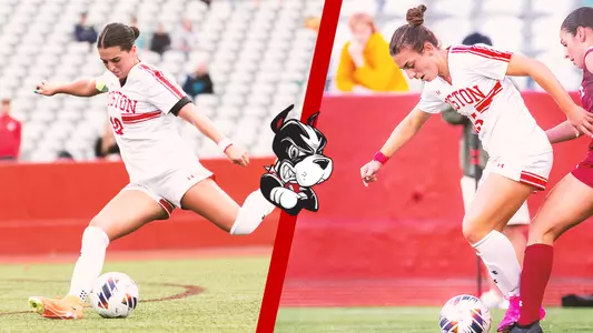 Photos of Abby McNulty (left) and Giulianna Gianino (right) kicking a soccer ball.