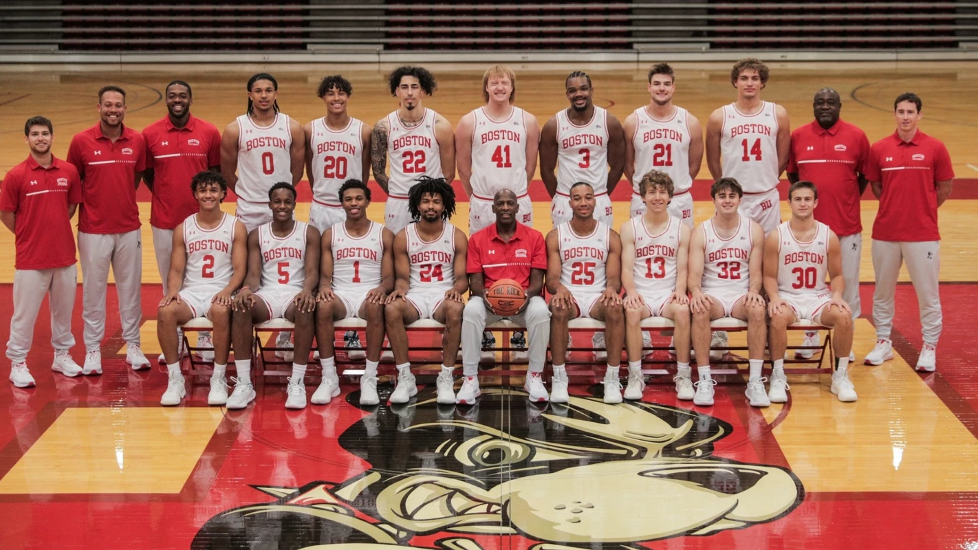 2023-24 BU men's basketball team photo with front row sitting in chairs and second row standing