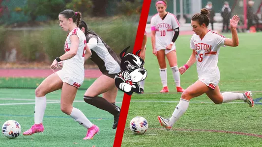 (Graphic with photos of Morgan Fagan (left) and Giulianna Gianino (right) playing soccer against Lehigh.