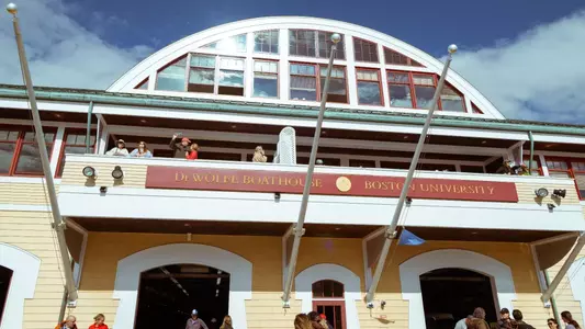Photo of the DeWolfe Boathouse during the Head of the Charles.