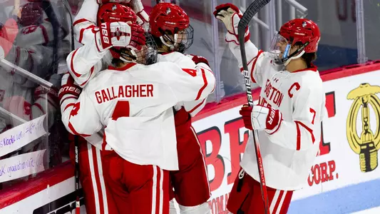 BU men's ice hockey players celebrating a goal at Agganis