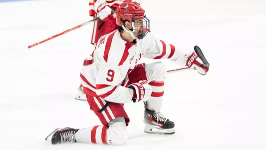 Ryan Greene celebrating one of his two goals against Quinnipiac
