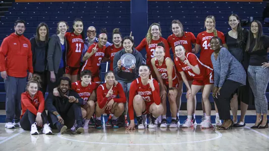 Photo of the BU Women's Basketball team celebrating its Patriot League regular season championship.