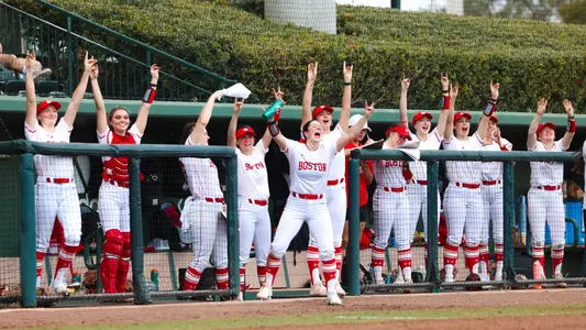 The BU softball team players jump with arms raised in the dugout after a big play at the USF-Rawlings Invitational.