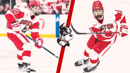 Photo of Lane Hutson playing hockey is to the left of a photo of Ryan Greene playing hockey