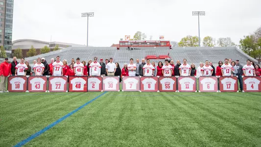 The Men's Lacrosse Class of 2023 and their families on Senior Day