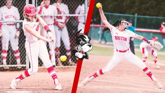 Lauren Nett makes contact with a pitch batting right handed on the left side of the split graphic, while Kasey Ricard is in the middle of her pitching windup on the right side of the graphic.