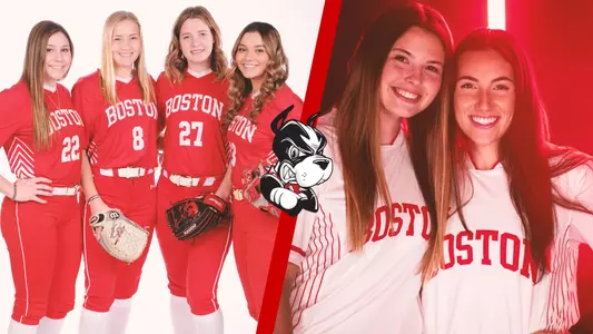 On the left side of graphic is the four member softball senior class while on the right side are the two graduate students