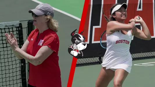 Photo of Lesley Sheehan Clapping next to a photo of Emily Zhao Playing Tennis